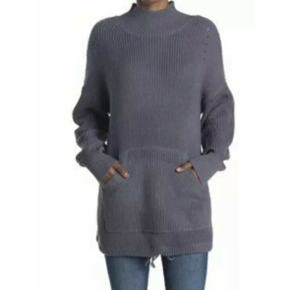 Rdi Womens Mock Neck Kangaroo Pocket Ribbed Tunic Sweater Pointelle Blue L